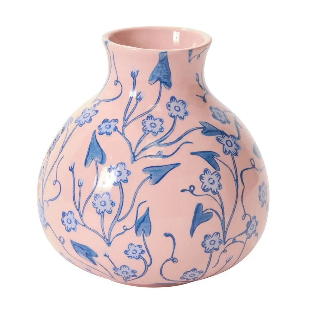 Anthropologie Pink Floral Vase | Blue Botanical Ceramic | Cottagecore Decor NWOT